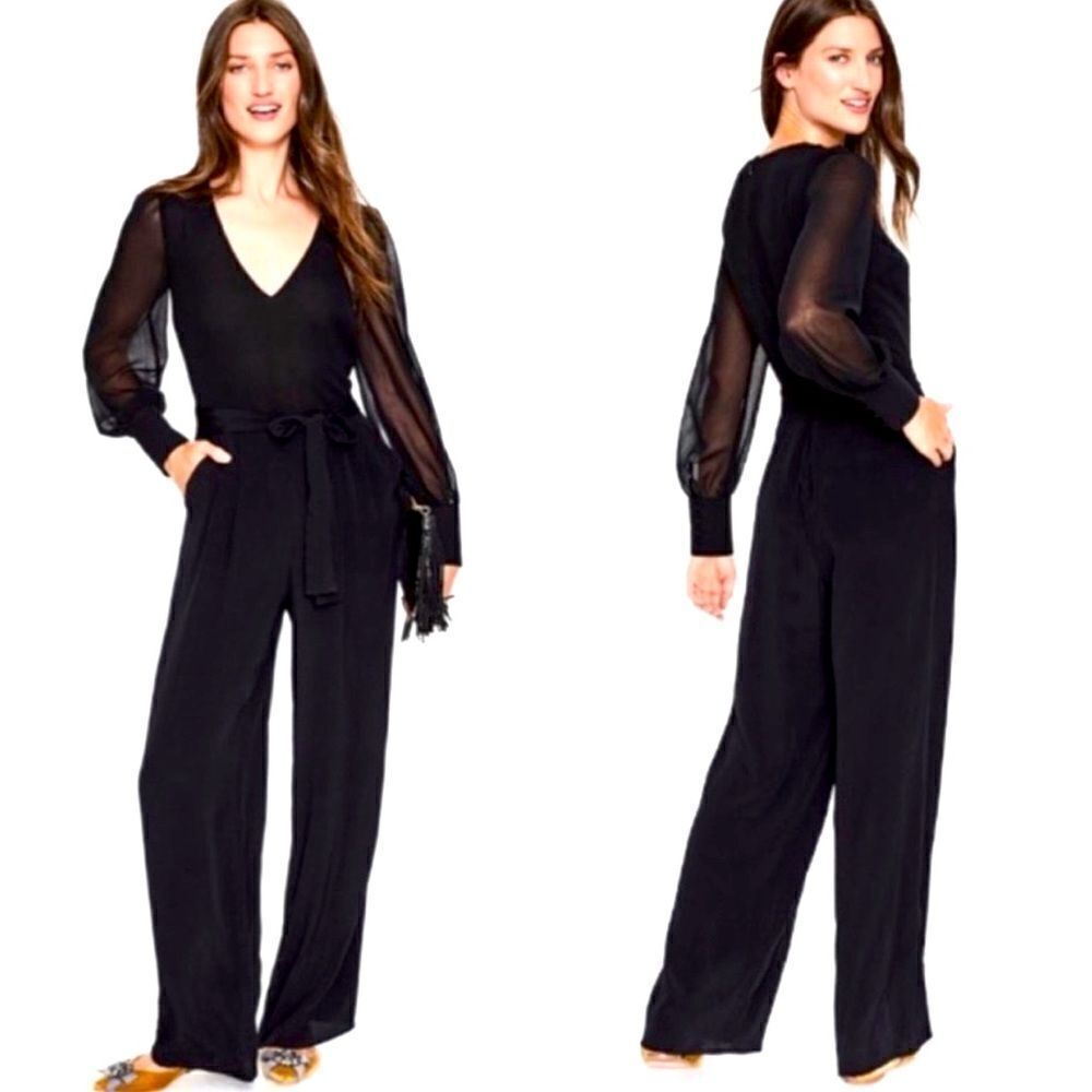 Boden Belgrave Womens 2R Black Sheer Silk Mix Jumpsuit Wide Leg NWT